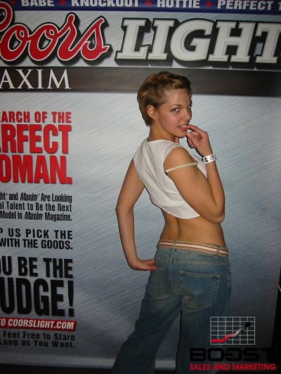 Blonde Sexy CoorsLight Model trying out for Maxim magazine Girl Search - hot amatuer girl with a cute ass wearing jeans and a low cut shirt