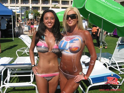 Sexy topless miller lite promotional model with hot bikini girl